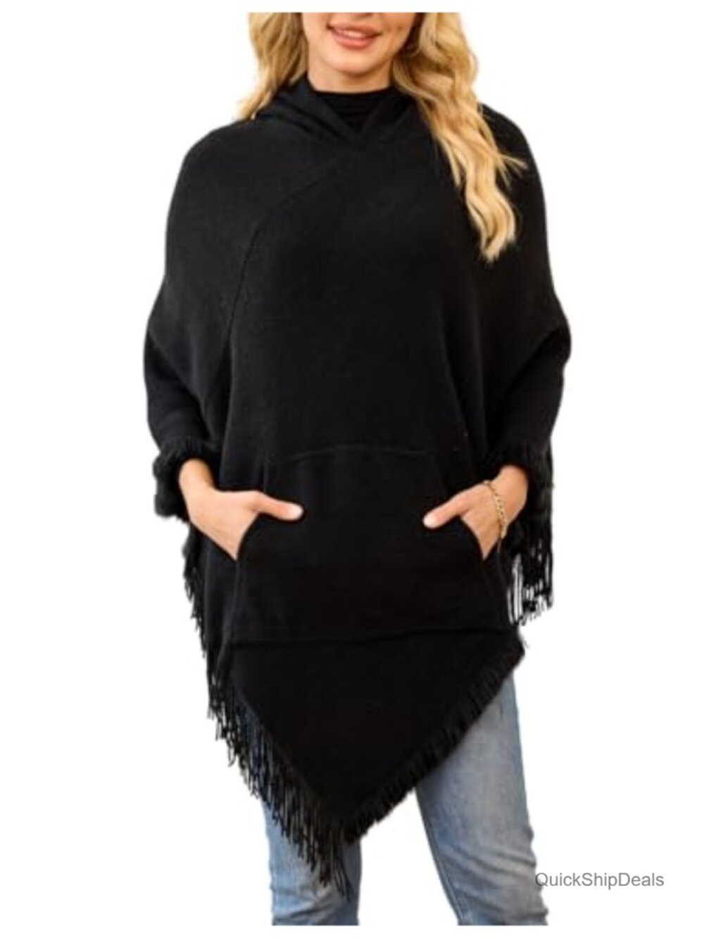 Hand-Knit Hooded Poncho with Kangaroo Pocket and Fringe Wrap